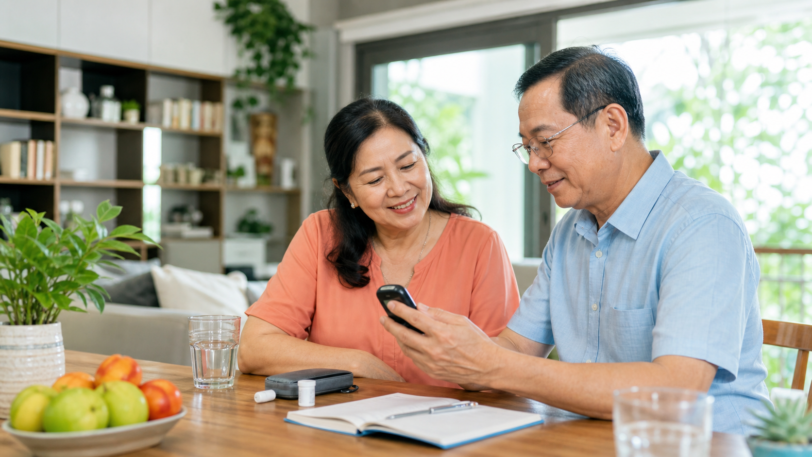Bữa ăn lành mạnh với rau xanh, trái cây ít ngọt và dụng cụ theo dõi đường huyết